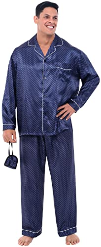 Alexander Del Rossa Men's Button Down Satin Pajama Set with Sleep Mask, Long Silky Pjs