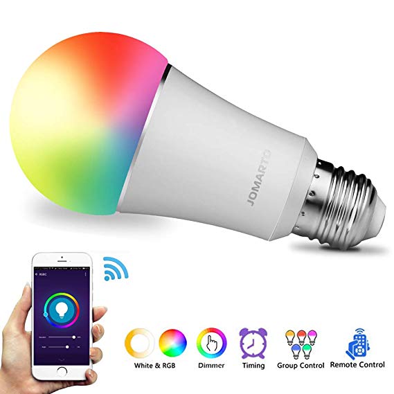 WiFi Smart Light Bulb, Compatible with Alexa Echo and Google Home, 60W Equivalent 900LM Multicolored LED 6500K Dimmable RGBW Light Bulb APP Remote Control No Hub Required by JOMARTO (9W E26)