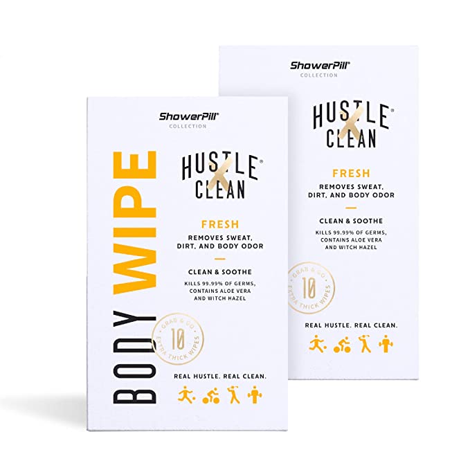 Hustle Clean Body Wipes 9''x8'', Disposable Bathing Wipes For Adults, No Rinse, With Aloe Vera & Vitamin E, Fresh Scent, 20 Individually Wrapped Wipes