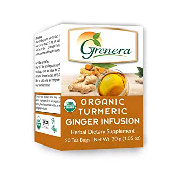 Grenera Organic Turmeric Ginger Infusion, 20 Tea Bags – Certified Organic, Vegan, Non GMO, Gluten Free, Caffeine Free