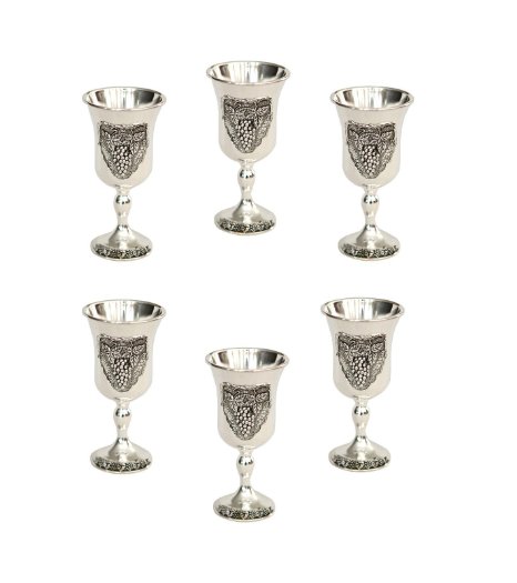 6 (SIX), Silver Plated Shabbat Kiddush / Wine Cups, Grapes Design, 3.5". Jewish Art. Great Gift For Shabbat Chanoka Rabbi Temple Wedding Baby Naming Housewarming Bar Mitzvah Bat Mitzva and Jewish Homes.