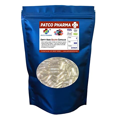 Patco Pharma - Size 1 Clear Empty Gelatin Pill Capsule - Gluten Free/Halal Certified | DIY Powder Filling (Pack of 500)