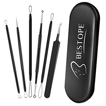 Blackhead Remover Curved Tweezer Blackhead Removal Tools, BESTOPE 6PCS Surgical Spot Remover Tools Professional Pimple Comedone Extractor Zit Popper Tool Kit with Metal Case