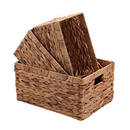 Kingwillow, Storage container, Natural water hyacinth Storage Bins Rectangular Baskets with Handle(Set of 3, TypeP)