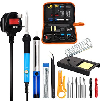 Soldering Iron Kit Electronics, Welding Irons Tool 60W Adjustable Temperature Soldering-iron Gun Kits with 5 PCS Soldering Tips, Desoldering Pump, Tin Wire Tube, Soldering Iron Stand, Tweezers, Wire Stripper Cutter, 2pcs Electronic Wire