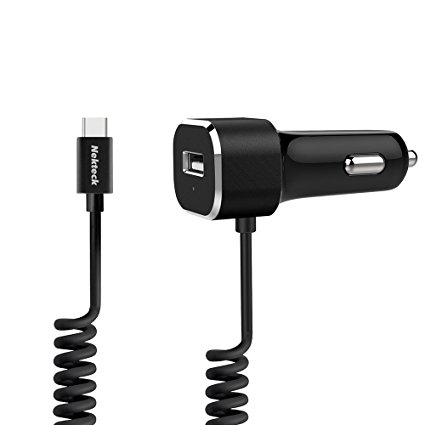 USB Type C Car charger, Nekteck 5.4A USB-C Car Charger Adapter with Integrated Built-in Type-C 3.1 Cord for Apple Macbook 12 Inch, LG G5, Nexus 5X 6P, HTC 10 and More, Black - Coiled Cord