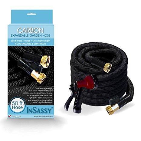 Expandable Garden Hose by InSassy | Brass Fitting Connector & 8 Pattern Sprayer Nozzle | Expanding Hose for Gardening, Lawn Watering, Automotive & RV, 50FT