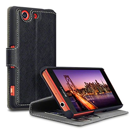Sony Xperia Z3 Compact Case, Terrapin [Stand Feature] [Ultra Low Profile] [Crosshatch] Sony Xperia Z3 Compact Case Wallet [Black] Premium Wallet Case with STAND Flip Cover for Sony Xperia Z3 Compact - Black