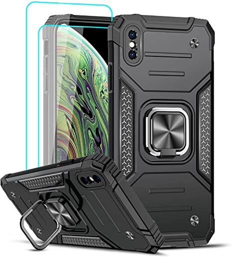 LeYi for iPhone Xs Max Phone Case, iPhone Xs Max Case with [2 x Tempered Glass Screen Protector] for Men Women, [Military-Grade] Protective Phone Case with Ring Kickstand for iPhone Xs Max, Black