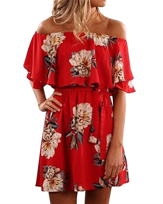 Pxmoda Women's Floral Print Red Dress Sexy Off Shoulder Layer Ruffle Mini Dress, X-Large