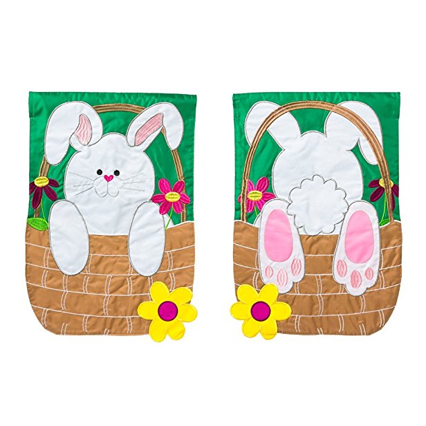 Gifted Living Easter Bunny Basket Coming and Going Two Sided Applique Garden Flag