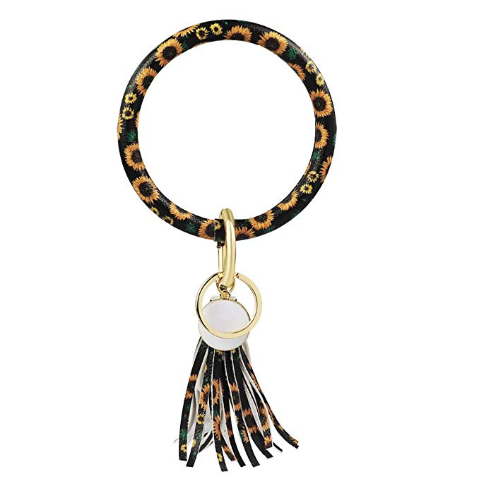 Wristlet Keychain Bracelet Bangle Key Ring, Large Circle Keyring Leather Tassel Bracelet Holder For Women Girl