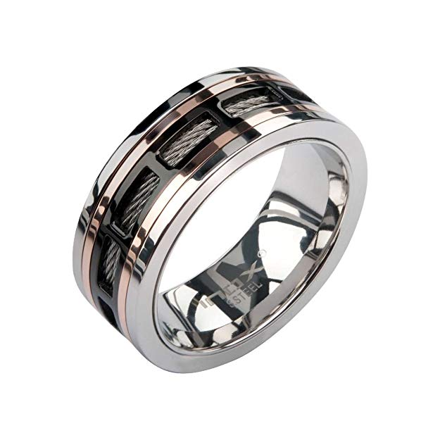 Mens Stainless Steel in IP Black and Rose Gold Window Steel Polished Cable Ring