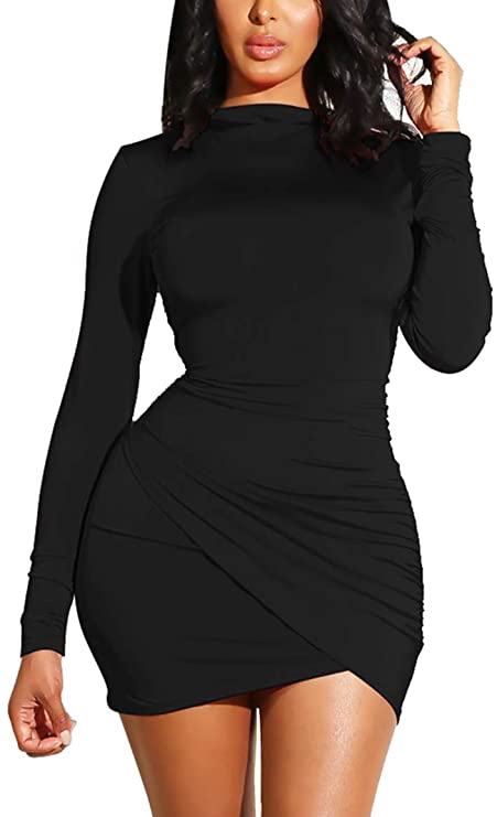 GOBLES Women's Long Sleeve Elegant Sexy Bodycon Ruched Mini Cocktail Dress