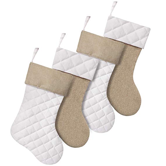 Ivenf Christmas Stockings, 4 Pack 18 Inch Burlap Cotton Thick Luxury Quilted Stockings, for Family Holiday Xmas Party Decorations