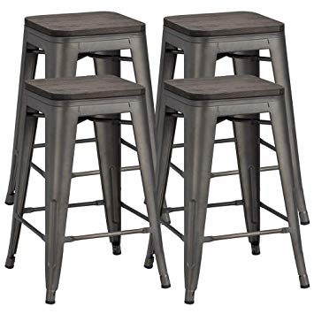 Yaheetech 24inch Metal Bar Stools Counter Height Barstools High Backless Industrial Stackable Metal Chairs with Wood Seat/Top Indoor/Outdoor Set of 4, Gun Metal