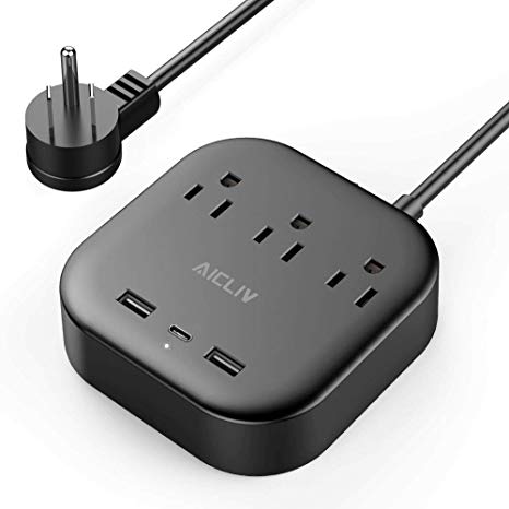 USB C Power Strip with Power Delivery, Aicliv 3 Outlets and 45W 3 USB Ports(1 30W PD Port, 2 USB-A) Charging Station, Flat Plug, 5 ft Extension Cord, for Nightstand, Hotels, Cruise Ship and Office