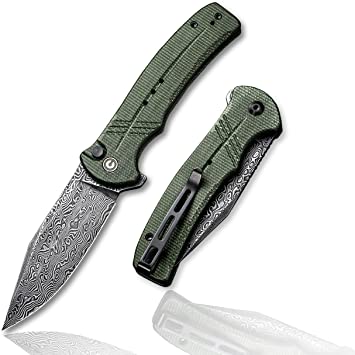 CIVIVI Cogent Button Lock Flipper Pocket Knife, Damascus Blade Green Micarta Handle, Good for Outdoor EDC Camping C20038D-DS1