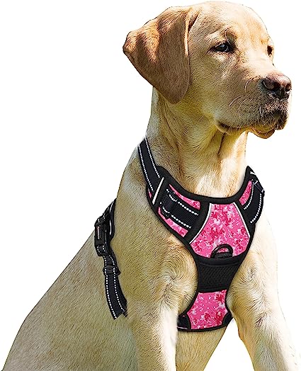 BARKBAY No Pull Dog Harness Front Clip Heavy Duty Reflective Easy Control Handle for Large Dog Walking(Pink camo,L)