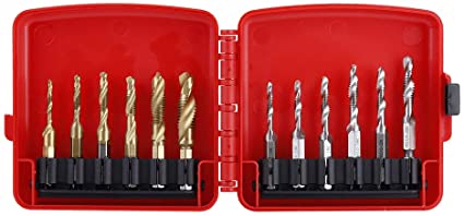 12pcs M3-M10 Hex Shank Titanium Plated HSS Screw Thread Metric & Inch Tap Drill Bits with Red Case