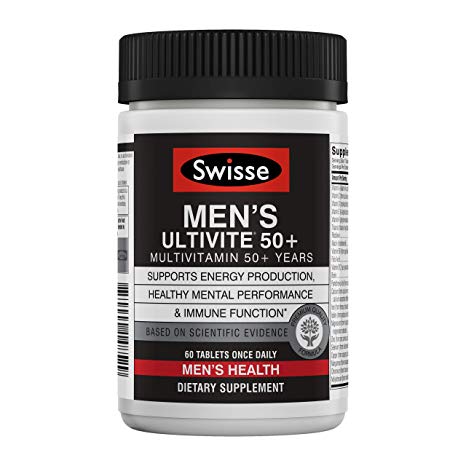 Swisse Premium Ultivite Daily Multivitamin for Men 50 Plus | Energy & Stress Support, Rich in Antioxidant & Minerals | Vitamin A, Vitamin C, Vitamin D, Biotin, Calcium, Zinc & More | 60 Tablets