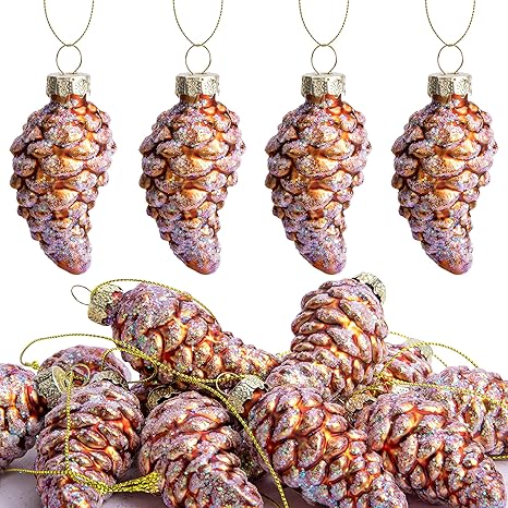 12 Pcs Christmas Glass Pinecone Ornaments- Christmas Pinecone Glass Blown Ornaments- Fall Hanging Pine Cone Glass Ornaments for Christmas Tree Fall Thanksgiving Day Decoration