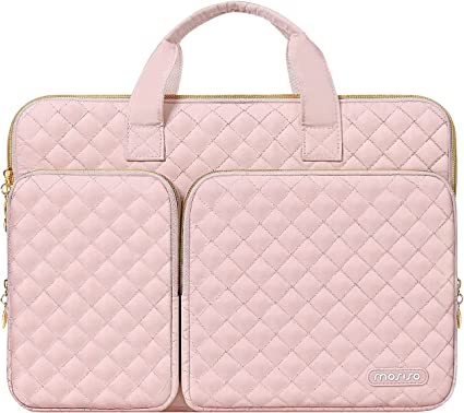 MOSISO 360 Protective Laptop Sleeve Compatible with MacBook Air/Pro, 13-13.3 inch Notebook,Compatible with MacBook Pro 14 inch 2023-2021 M2 M1, Square Quilted Bag with 2 Pockets&Handle&Belt,Chalk Pink