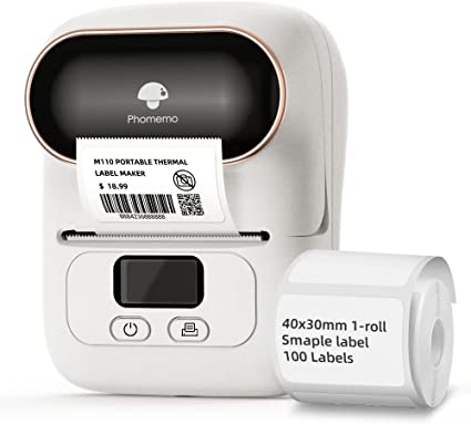 Phomemo M110 Label Printer- Portable Mini Bluetooth Thermal Label Maker Apply to Labeling, Office, Cable, Retail, Barcode and More, Compatible with Android & iOS System, with 1 40×30mm Label, White