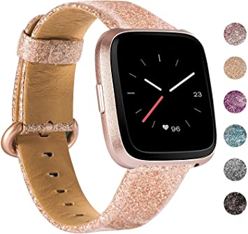 Wearlizer Bling Wide Leather Band Compatible with Fitbit Versa/Versa Lite/Versa SE/Versa 2,Vintage Genuine Soft Replacement Women Gift Large Small Strap