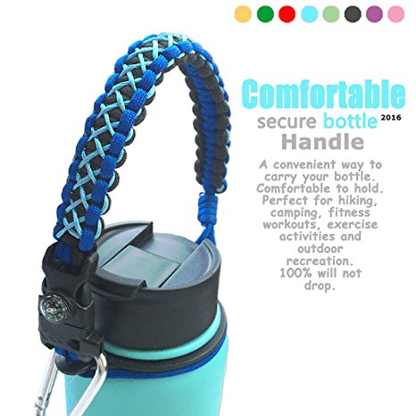QeeLink Handle for Hydro Flask - Security Design - Wide Mouth Water Bottles Carrier - Includes Paracord Survival Strap with Compass Fire Starter Whistle - Perfect For Outdoor Water Bottle Carrier