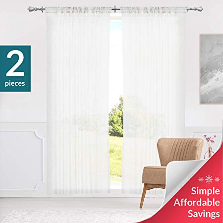 Chicology Curtain Panels, Rod Pocket Top Window Drapes, Adorn White (Sheer) - 52"W X 84"H