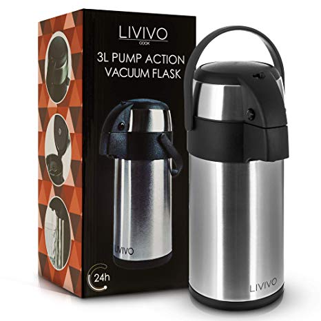 LIVIVO Pump Action Vacuum Air Pot Flask in Brushed Stainless Steel for Hot or Cold Drinks and Soups etc (Silver, 3L)