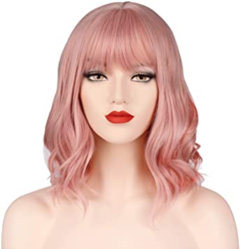 OKVGO Short Curly Bob Wig with Wig Cap for Women Cosplay Party and Daily Use Pink
