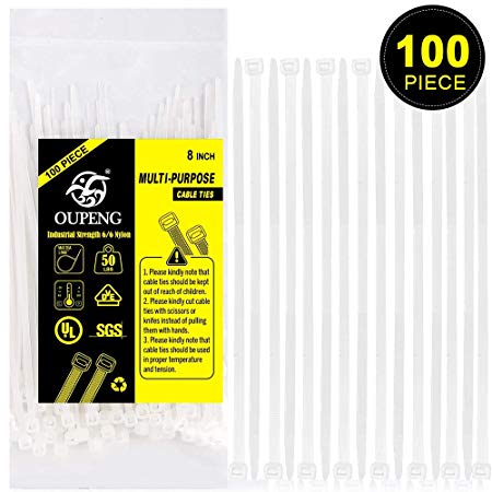 Nylon Zip Ties Heavy Duty- 8 Inch 100 Pieces,50 Pounds Tensile Strength, Ultra Strong Plastic Wire Ties, Multi-Purpose Self Locking Cable Ties.White