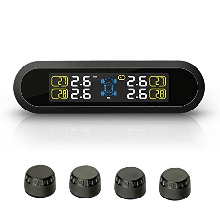 Blueskysea Wireless Solar Powered TPMS Car Real-time Tire Pressure Monitoring System with 4 External Sensors LCD Display