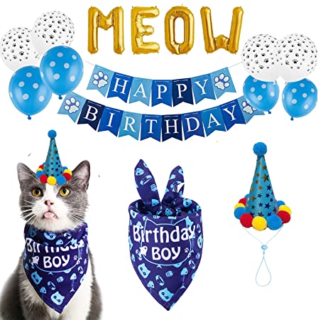 TCBOYING Cat Birthday Bandana, Cat Birthday Boy Girl Hat Scarfs Flag Balloon with Cute Doggie Birthday Party Supplies Decorations