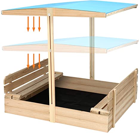 KINGSO Kids Sandbox with Cover Wooden Outdoor Sandbox with Canopy, 2 Foldable Bench Seats Large Sandbox with Adjustable Height and Rotatable Canopy for Backyard, Home, Lawn, Garden, Beach