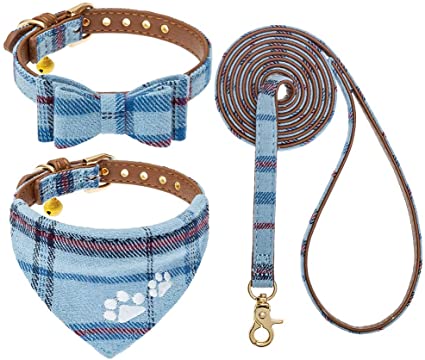 EXPAWLORER Bow Tie Dog Collar and Leash Set - 3 Pack Plaid Leash Adjustable Bandana and Collar with Bells for Small Dog Puppy Cat