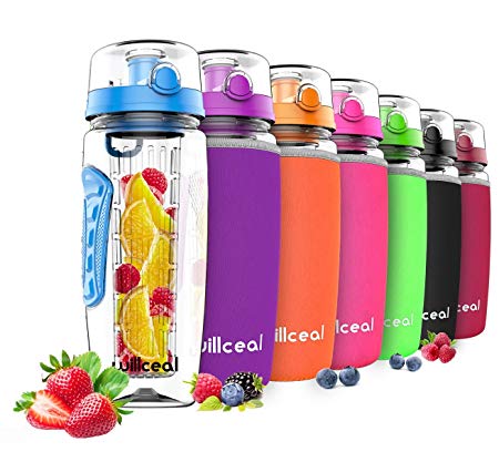 Willceal Fruit Infuser Water Bottle 32oz Durable, Large - BPA Free Tritan, Flip Lid, Leak Proof Design - Sports, Camping