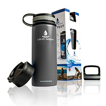 Liquid Savvy 18oz Insulated Water Bottle with 3 lids - Stainless Steel, Wide Mouth Double Walled Vacuum Insulated Bottle for Hot and Cold Beverages