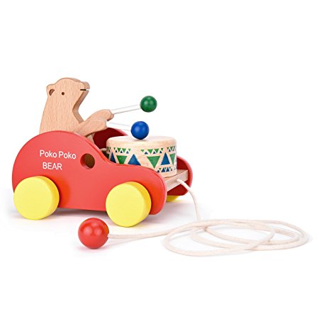 Wooden Pull Along Toy, Safe&Care Kids Creative Educational Toy Bear Drum Solid Wood Pull Toys for Toddlers & Baby Girl Boy with 37.4" Long Sturdy String Attached to Bear Animal