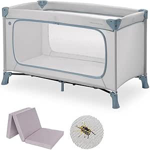 Hauck - Lot Lit Parapluie Bebe avec Matelas Dream N Play Plus 120x60 cm - avec Moustiquaire, Grande Ouverture Latérale et Sac de Transport - Dusty Blue