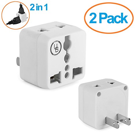 Yubi Power 2 in 1 Universal Travel Adapter with 2 Universal Outlets - 2 Pack White Built in Surge Protector Type A for U.S.A., Japan, China, Canada, Mexico, Puerto Rico, Jamaica, Thailand, and more