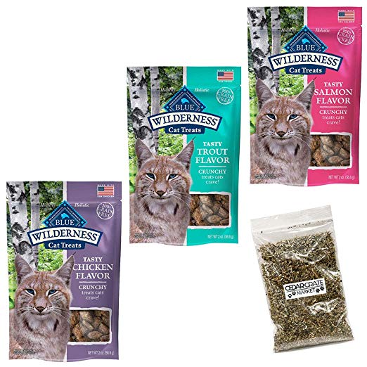 Blue Buffalo Wilderness Crunchy Cat Treats Variety Pack and Catnip - 2 Oz. Each - 3 Flavors - Salmon, Trout, and Chicken (3 Pouches Total)
