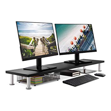 Large Dual Monitor Stand for Computer Screens - Solid Bamboo Riser Support The Heaviest Monitors, Printers, Laptops or TVs - Perfect Shelf Organizer for Office Desk Accessories & TV Stands (Black)