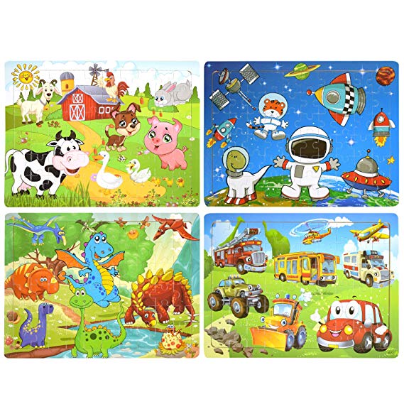 Wooden Puzzles, AKAMINO Wooden Animal Puzzles for Kids Age 3-8 Colorful 60 Pieces Jigsaw Puzzles Toys 4 Pack Preschool Educational Learning Toys Set for Boys and Girls