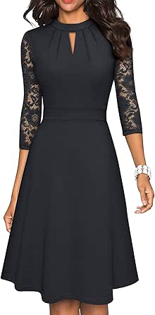 HOMEYEE Women's Round Neck Hollow Out Lace Patchwork Retro Party Dresses A234