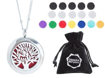 Aromatherapy Necklace -Tree of Life Design -Essential Oils Diffuser Jewelry 25mm Diameter Surgical Stainless Steel Locket/ Pendant w/ 24" Chain  17 Aromatherapy Refill Pads -in Silver Color