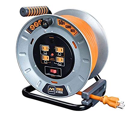 Masterplug Heavy Duty Metal Cord Reel with 4-120V 15amp Integrated Outlets and 12 Gauge High Visibility Cord (50ft)
