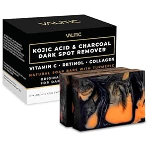 VALITIC Charcoal Kojic Acid Turmeric Black Soap Bar Dark Spot Remover for Body or Face Wash - 2 Pack